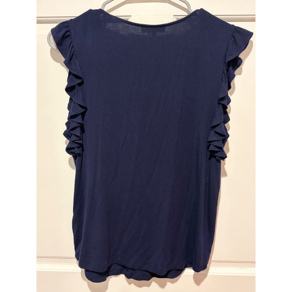 1.STATE Womens Navy Blue Ruffle Sleeve V-Neck Knit Top Blouse Small - Picture 3 of 6